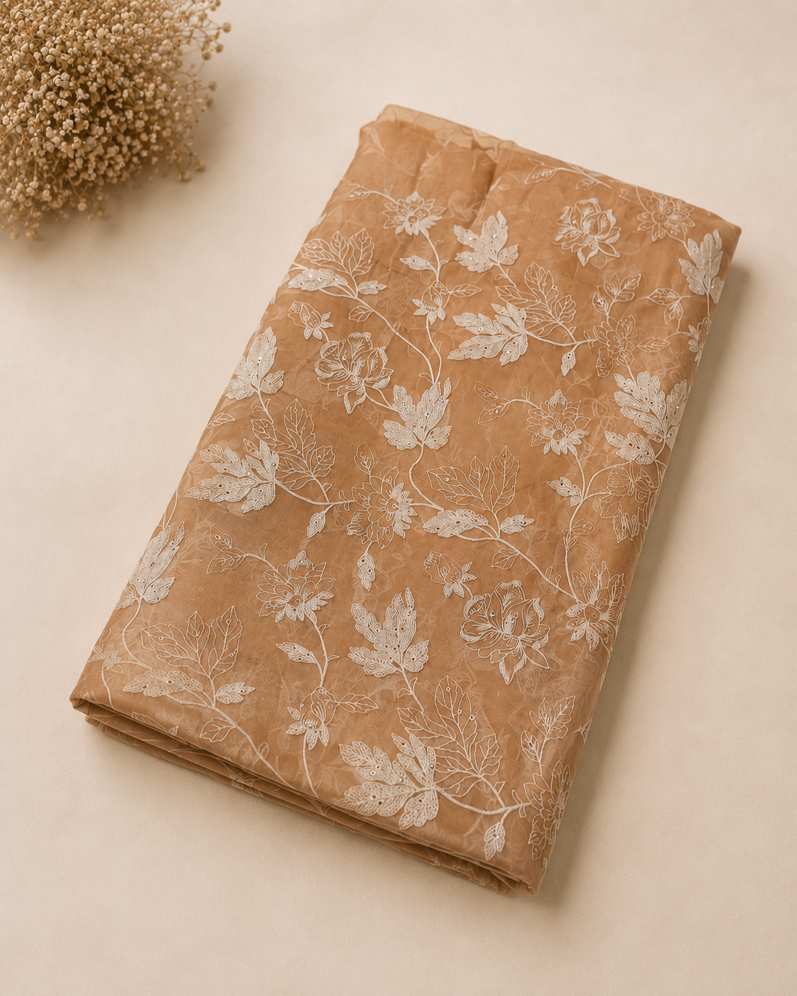 Caramel Beige Mul Chanderi Embroidered Fabric