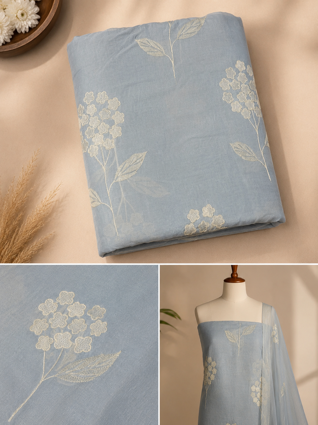 Powder Blue Mul Chanderi Embroidered Fabric