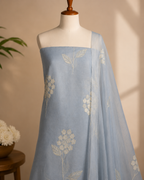 Powder Blue Mul Chanderi Embroidered Fabric
