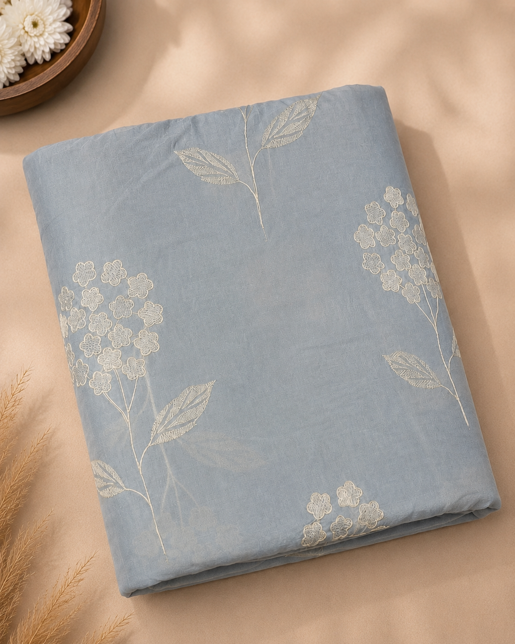 Powder Blue Mul Chanderi Embroidered Fabric