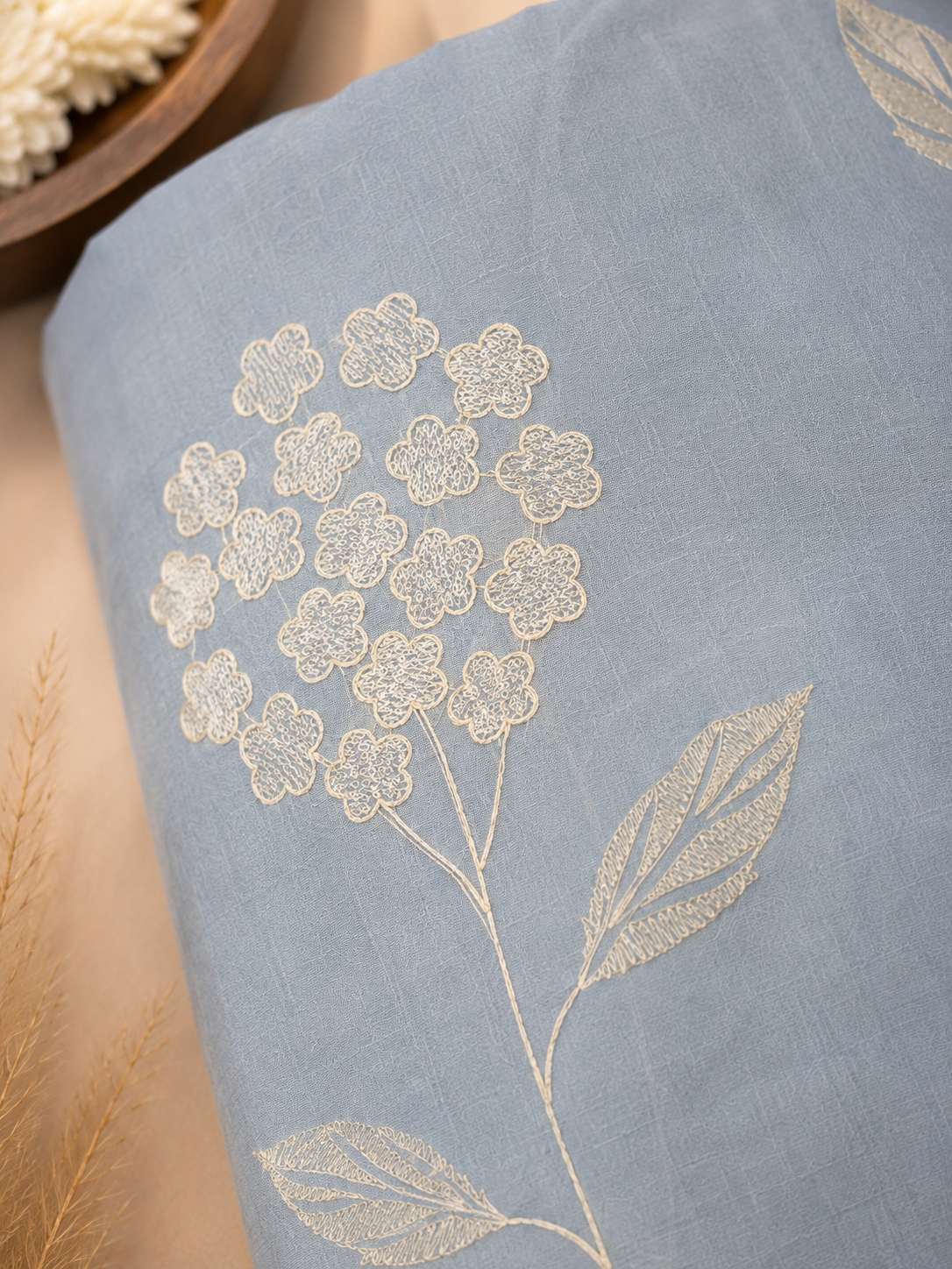 Powder Blue Mul Chanderi Embroidered Fabric