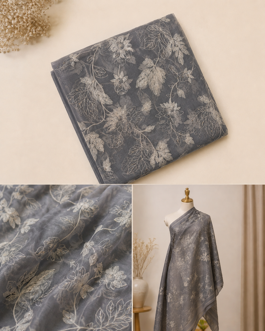 Charcoal Grey Mul Chanderi Embroidered Fabric