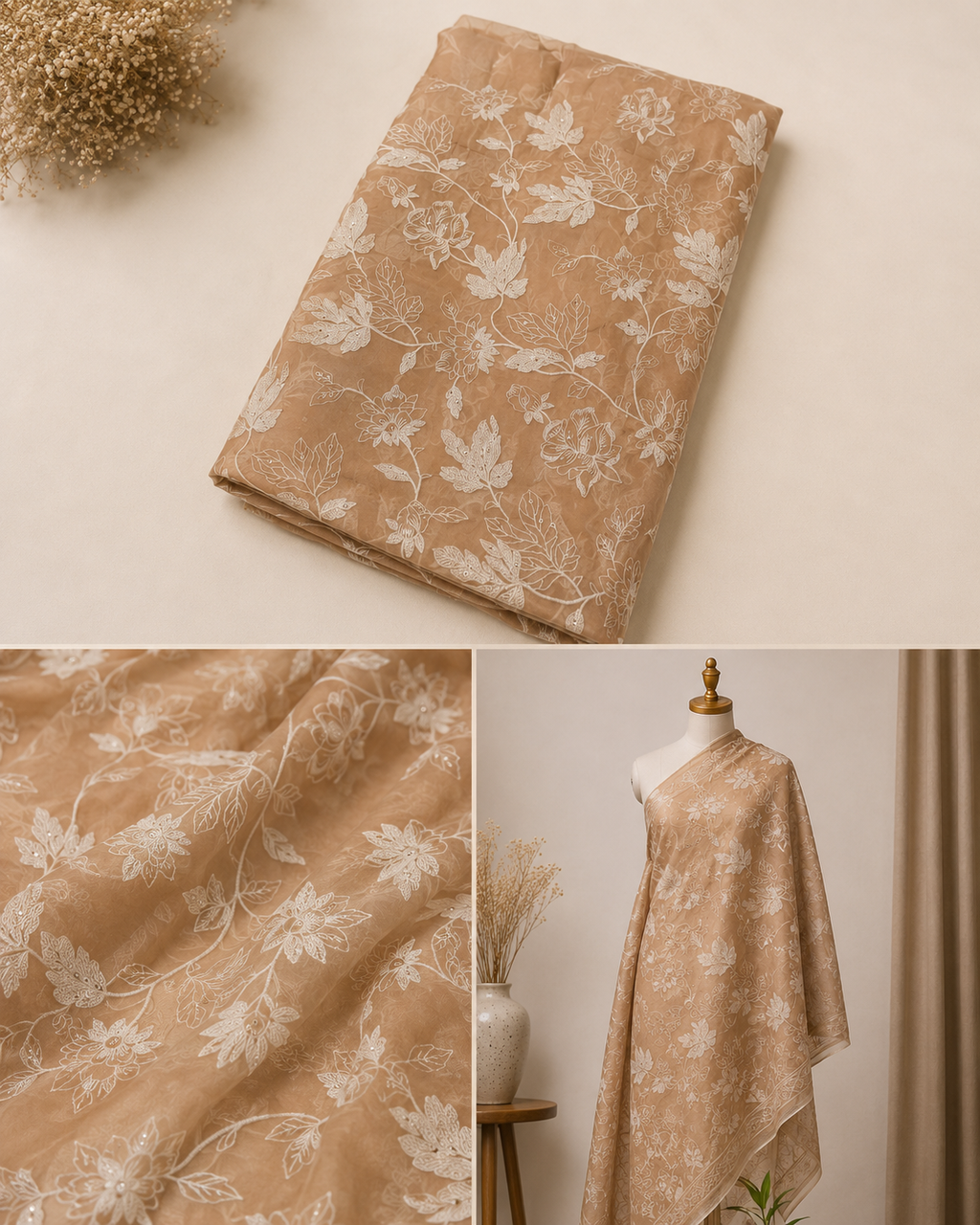 Caramel Beige Mul Chanderi Embroidered Fabric