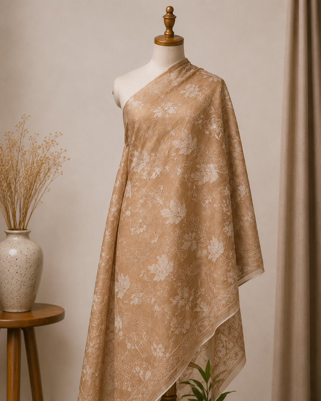 Caramel Beige Mul Chanderi Embroidered Fabric