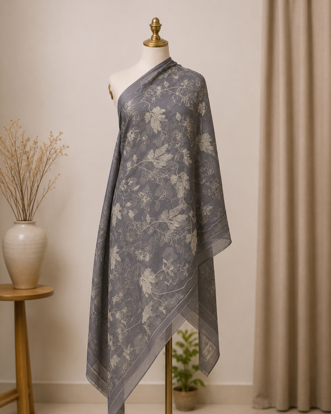 Charcoal Grey Mul Chanderi Embroidered Fabric