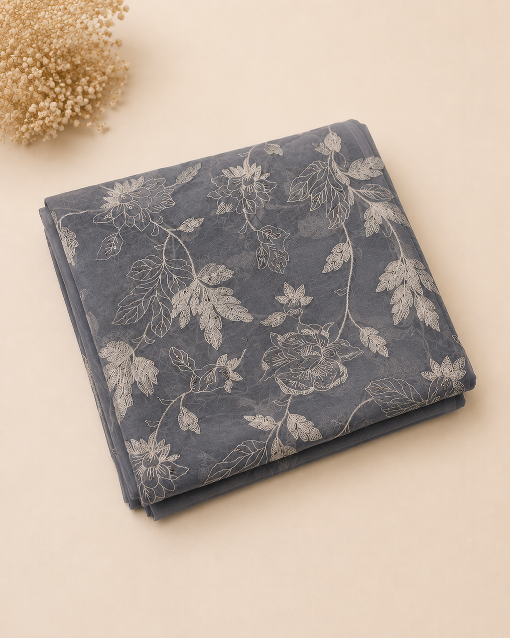 Charcoal Grey Mul Chanderi Embroidered Fabric