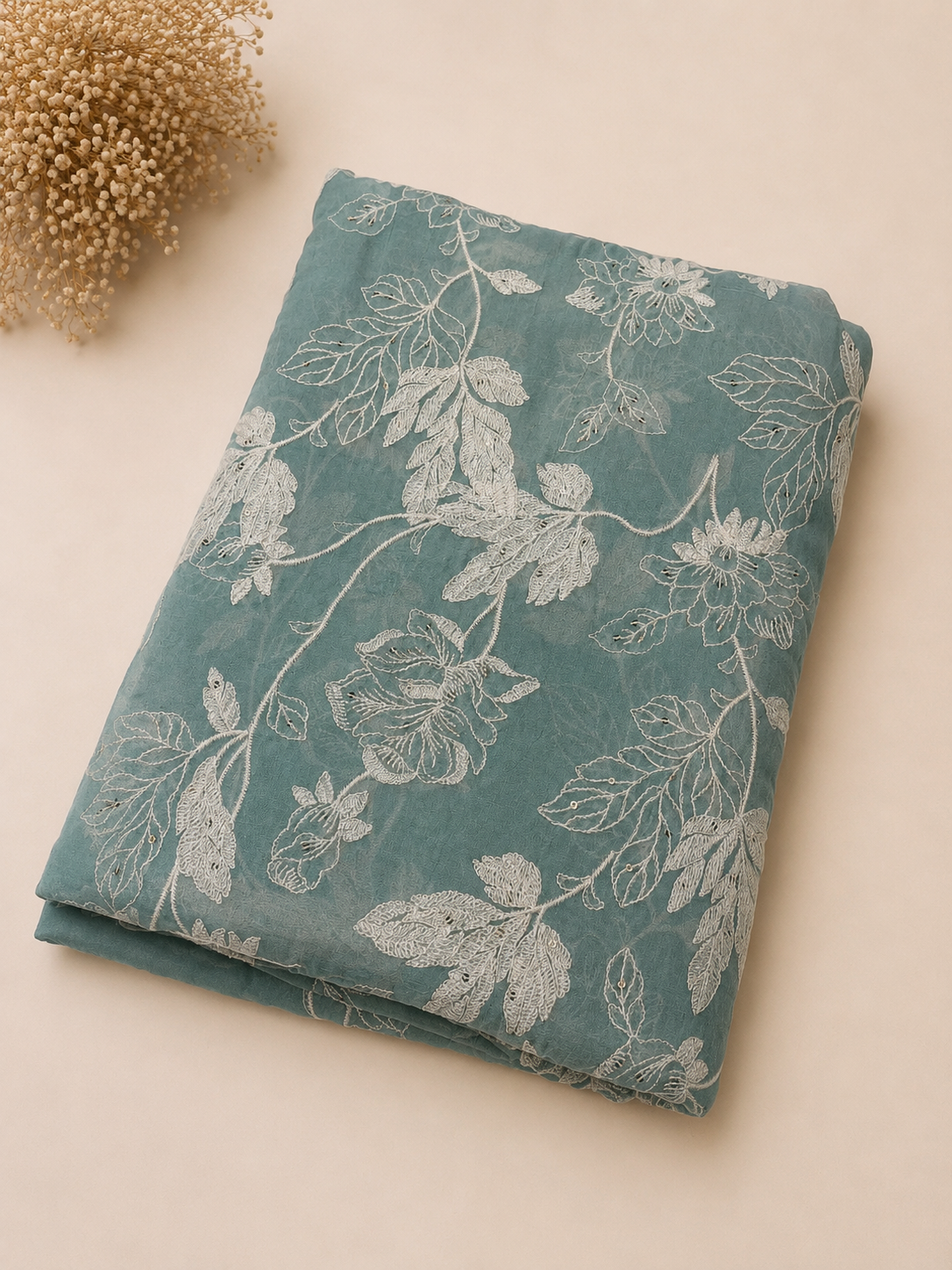 Teal Blue  Mul Chanderi Embroidered Fabric