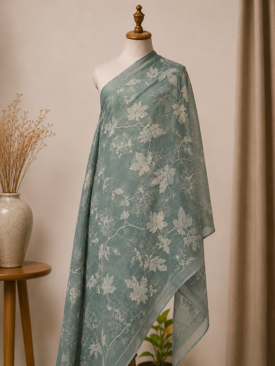 Teal Blue  Mul Chanderi Embroidered Fabric