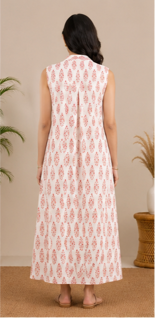 white printed sleevless A-line kurti AYLN0026