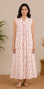 white printed sleevless A-line kurti AYLN0026