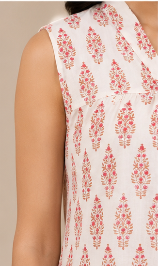 white printed sleevless A-line kurti AYLN0026