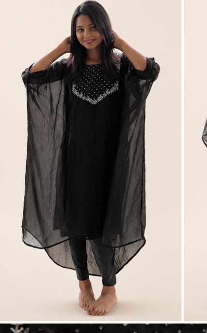 Black Velvet Organza Kaftan â Embroidered Neckline AYLN0029