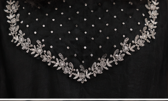 Black Velvet Organza Kaftan â Embroidered Neckline AYLN0029