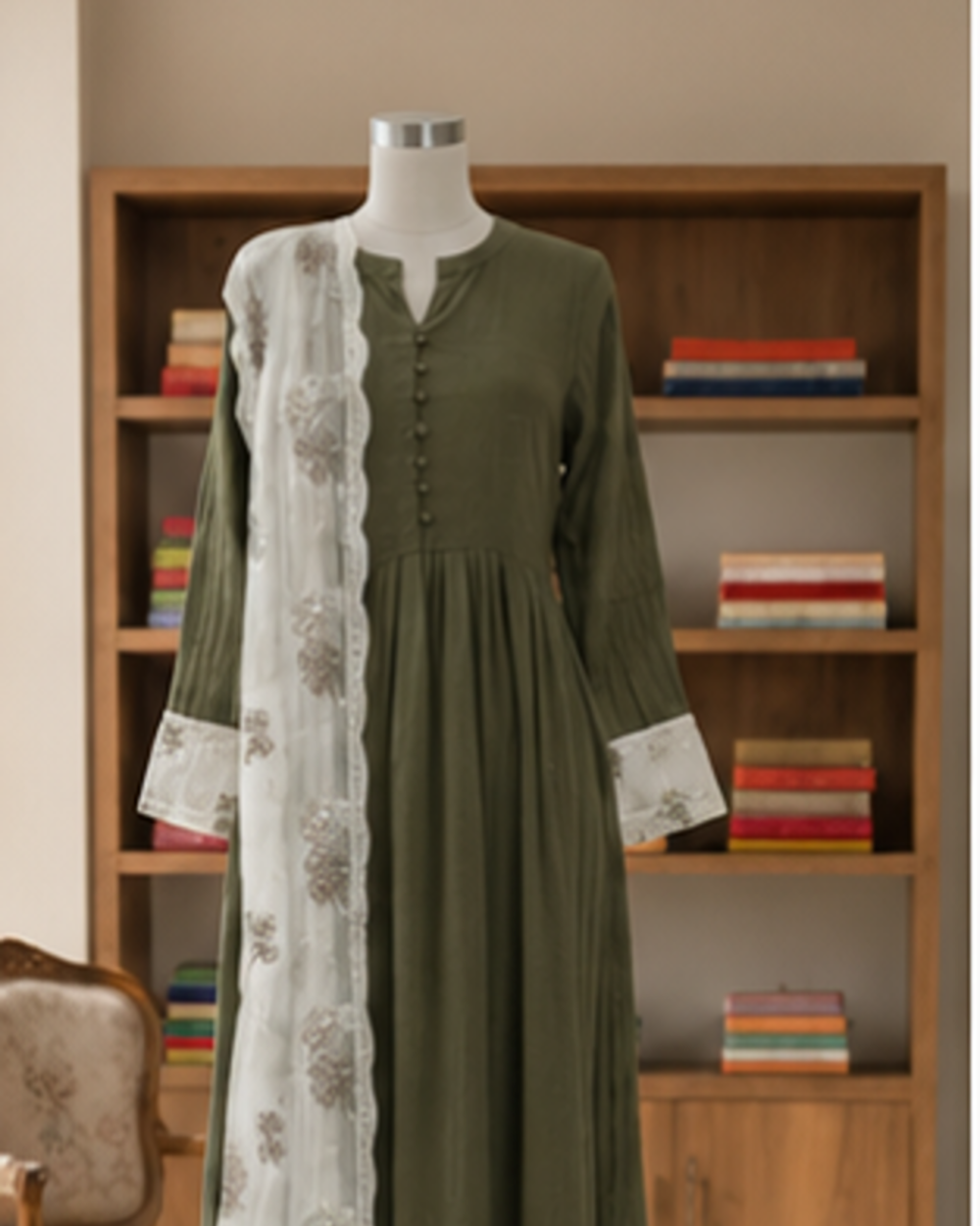Anarkali Style olive green 3 pic set AYLN003