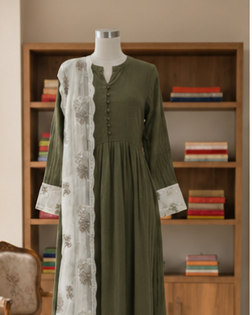 Anarkali Style olive green 3 pic set AYLN003