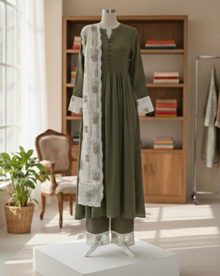 Anarkali Style olive green 3 pic set AYLN003