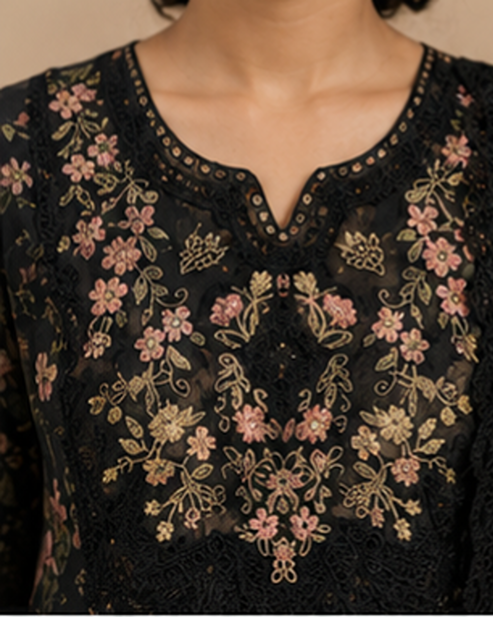 Black Pakistani 3 piece set with applique on neck sleeve flair AYLN007