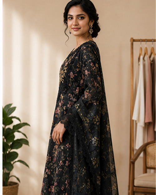 Black Pakistani 3 piece set with applique on neck sleeve flair AYLN007