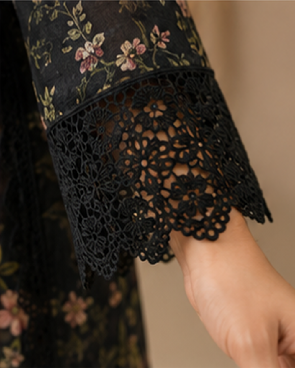 Black Pakistani 3 piece set with applique on neck sleeve flair AYLN007
