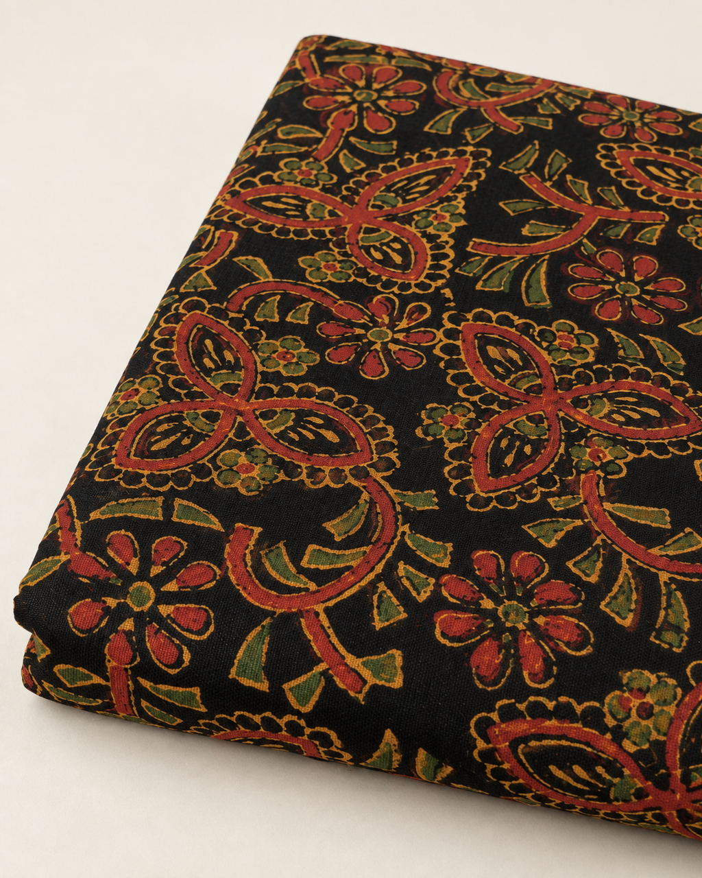 Black Ajrak Fabric with Rust and Ochre Floral Print