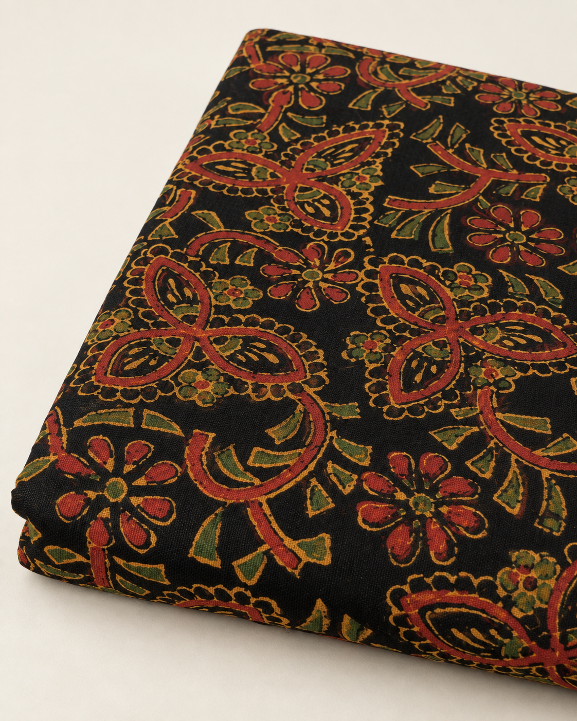 Black Ajrak Fabric with Rust and Ochre Floral Print