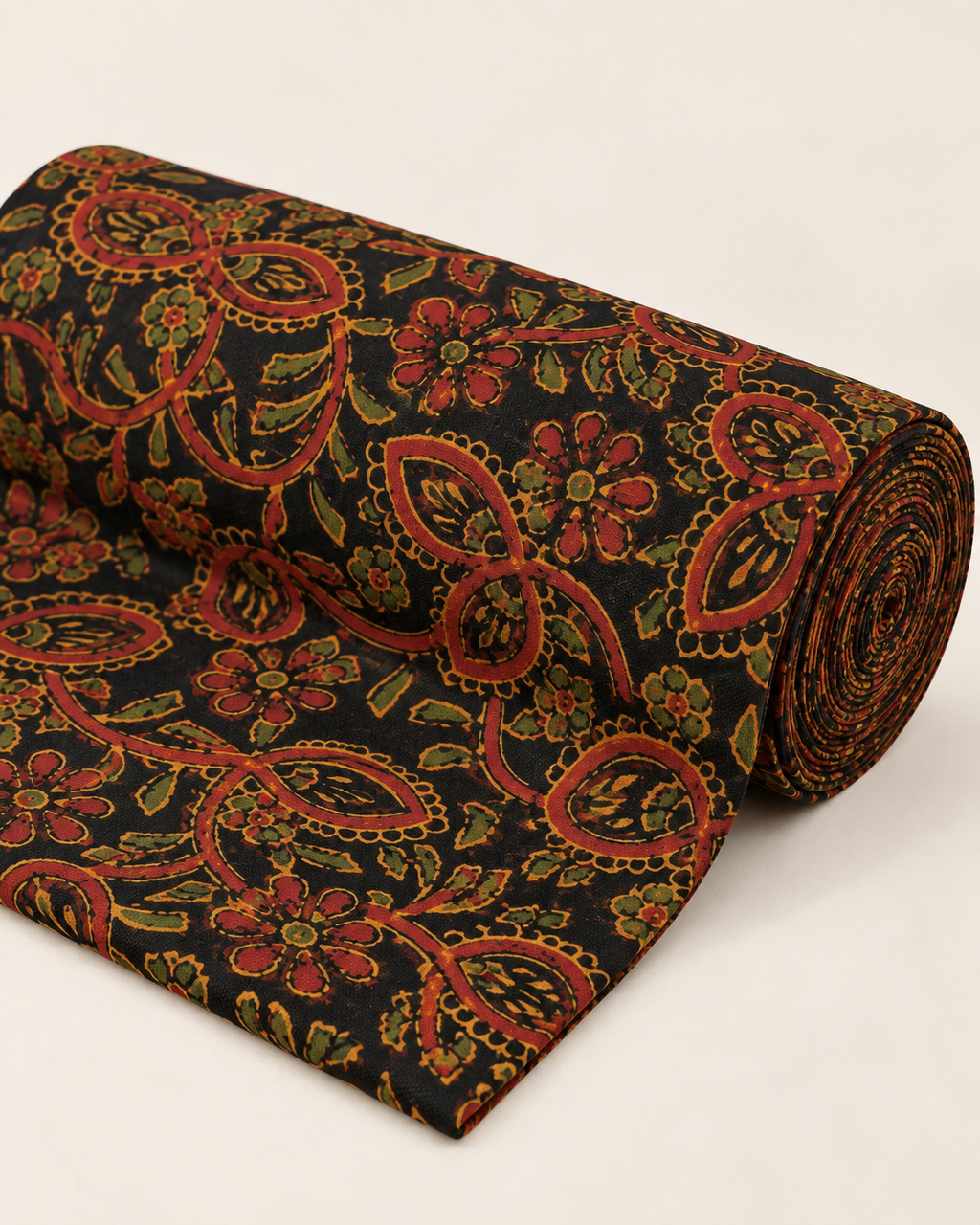 Black Ajrak Fabric with Rust and Ochre Floral Print
