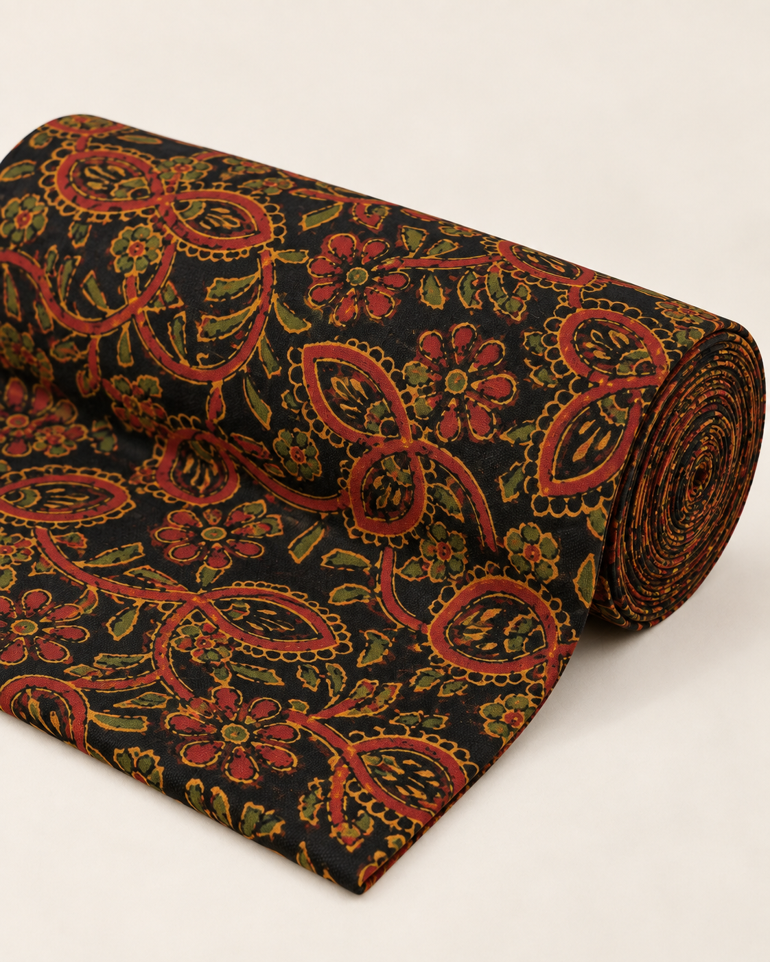 Black Ajrak Fabric with Rust and Ochre Floral Print