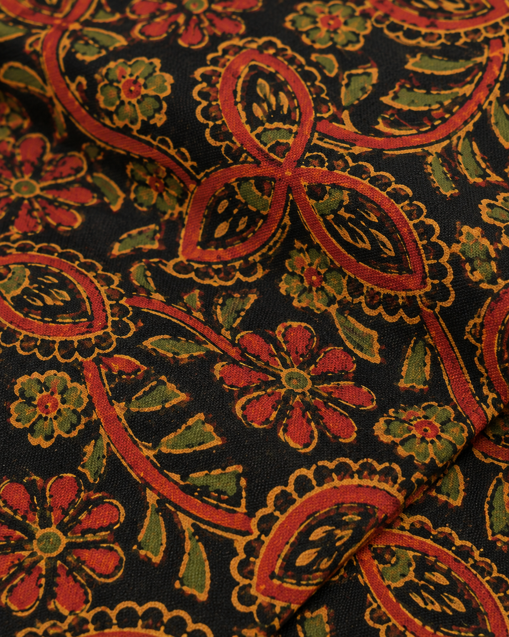 Black Ajrak Fabric with Rust and Ochre Floral Print