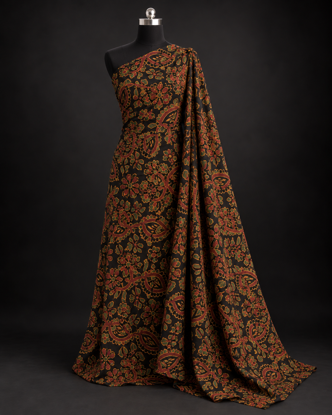 Black Ajrak Fabric with Rust and Ochre Floral Print