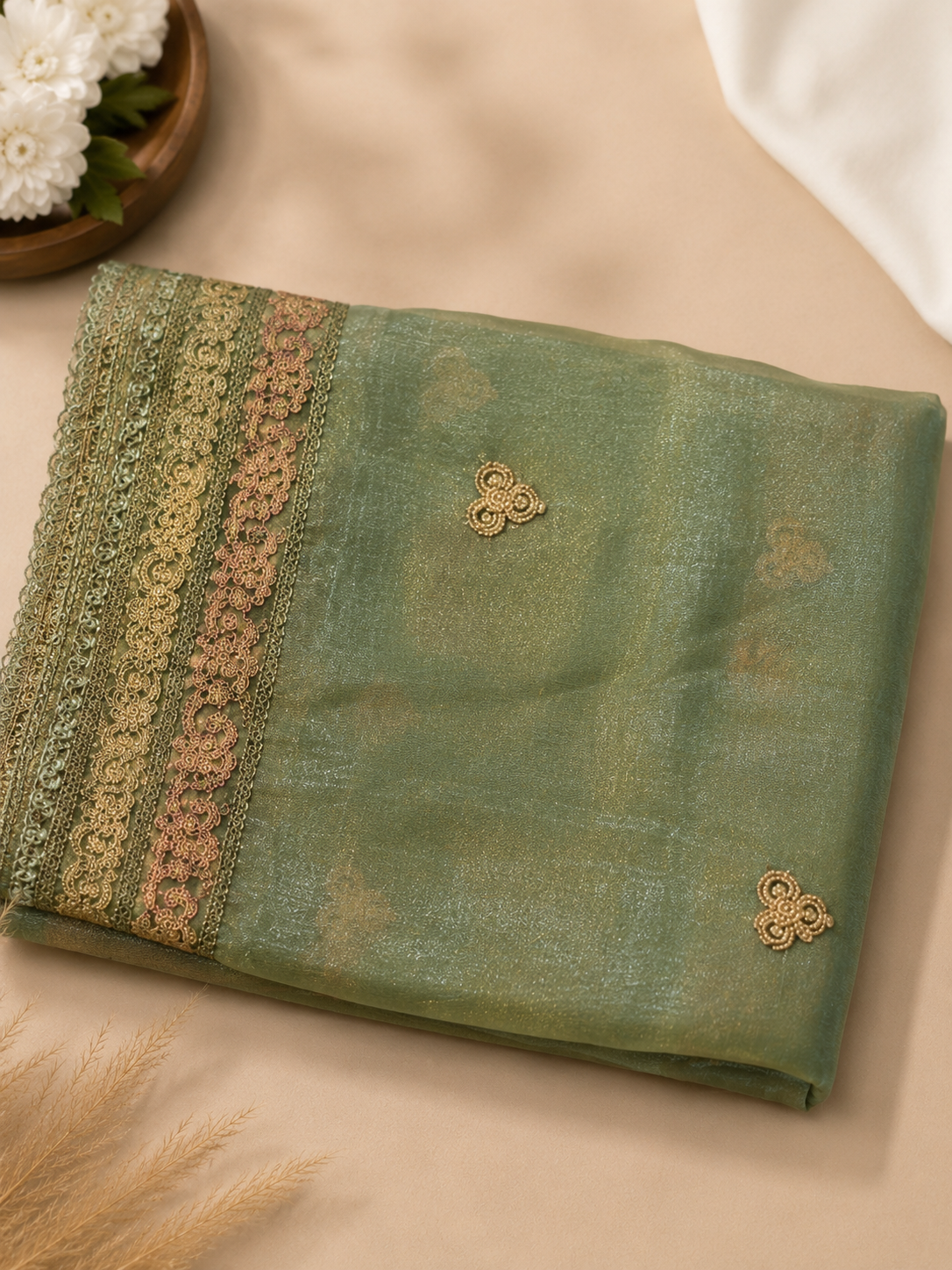 Sage Green Suit with  pure Tissue Silk dupatta