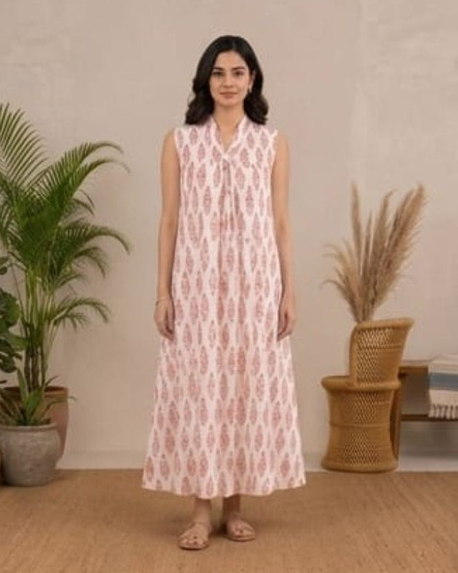 white printed sleevless A-line kurti AYLN0026