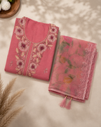 Soft Coral Pink Mul Chanderi Suit with embroided Neckline and Organza dupatta
