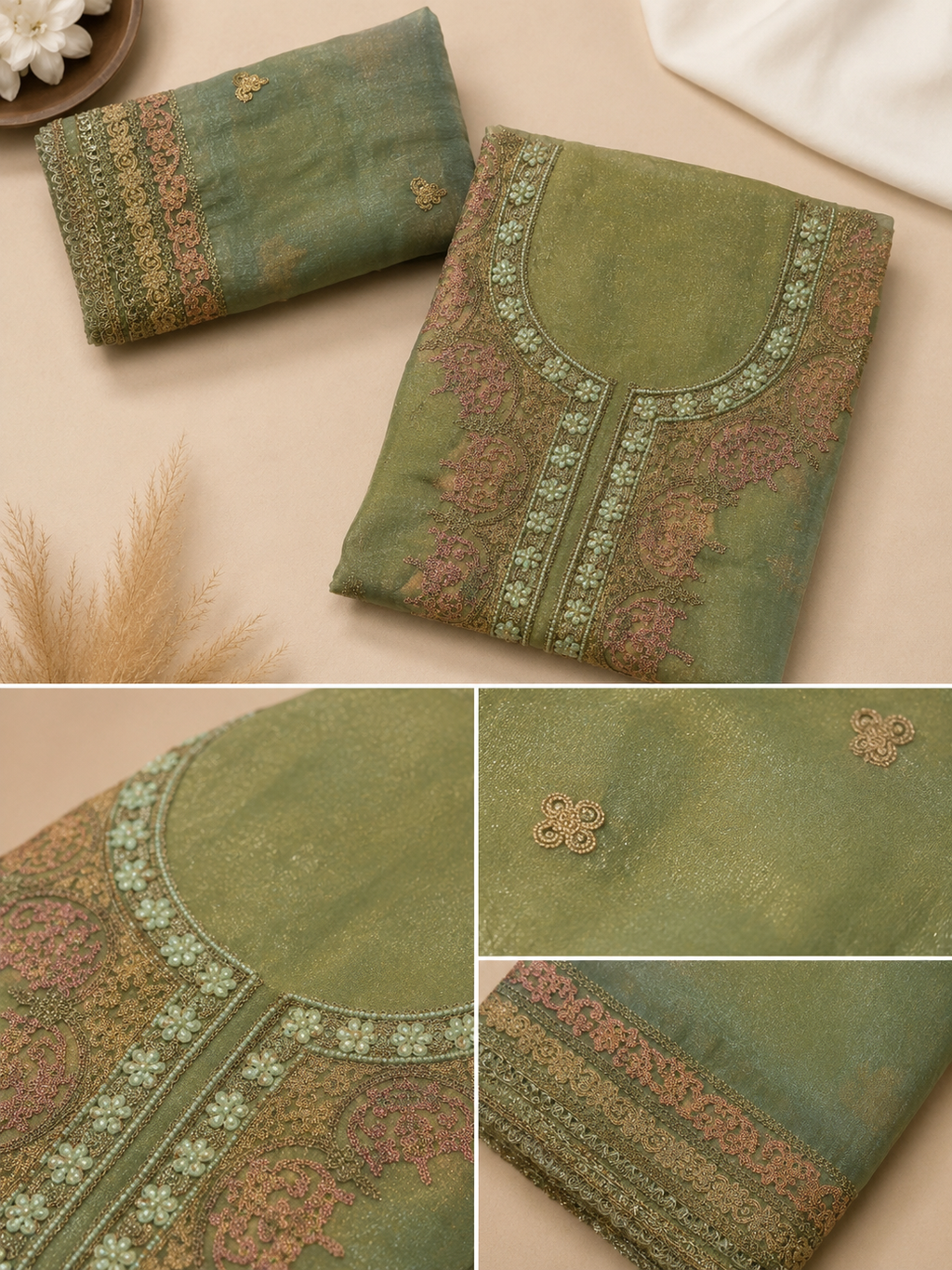 Sage Green Suit with  pure Tissue Silk dupatta