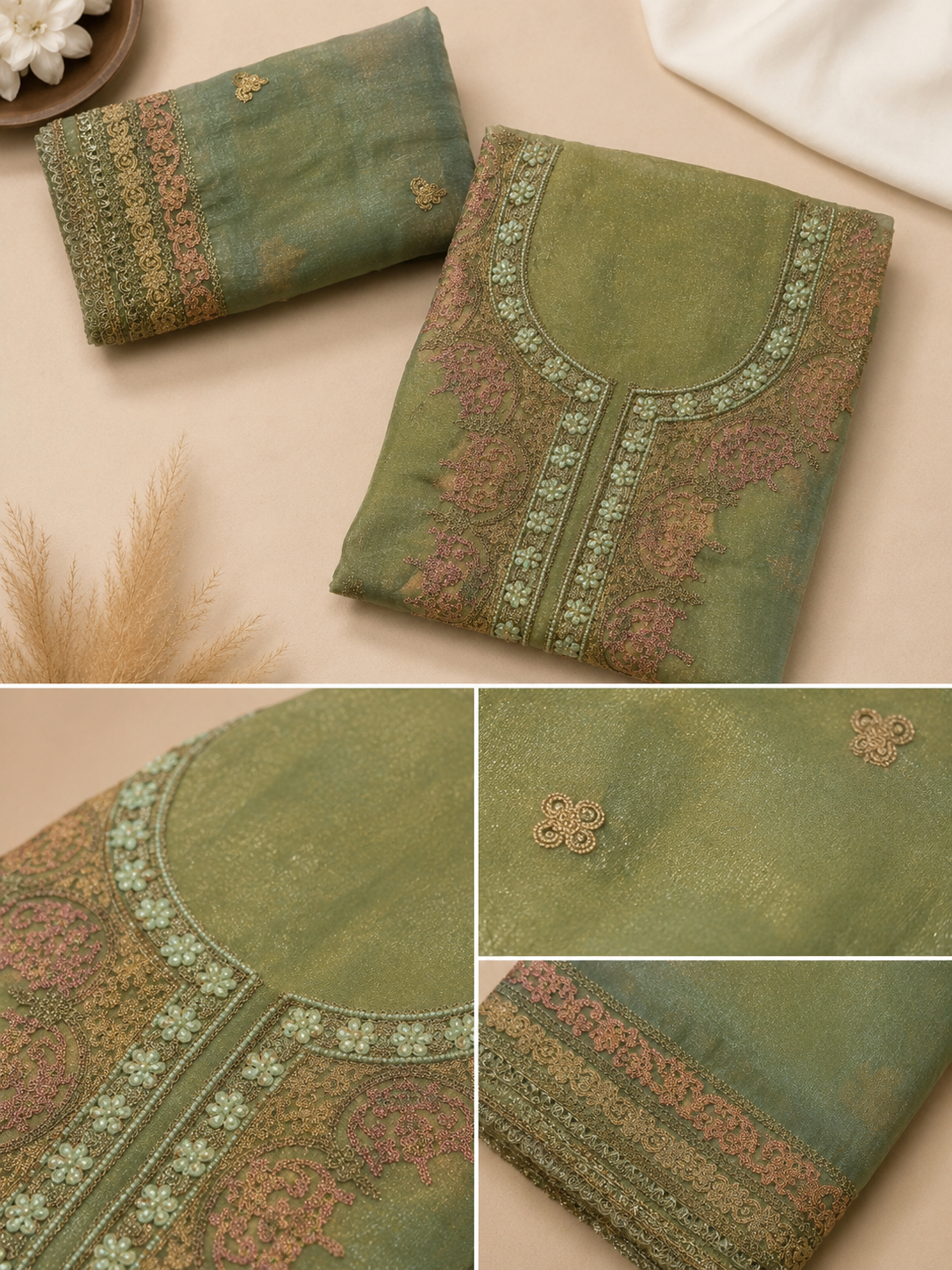 Sage Green Suit with  pure Tissue Silk dupatta