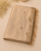 Ivory Beige Suit with Embrioiderd Neckline and Pure Silk Tissue Dupatta
