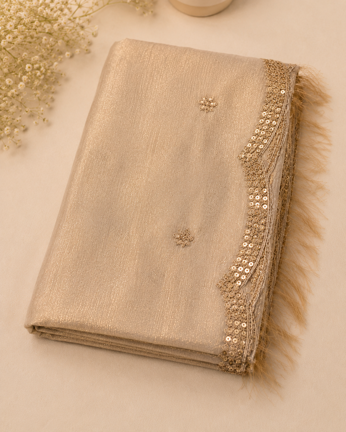 Ivory Beige Suit with Embrioiderd Neckline and Pure Silk Tissue Dupatta