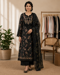 Black Pakistani 3 piece set with applique on neck sleeve flair AYLN007