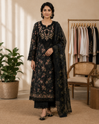 Black Pakistani 3 piece set with applique on neck sleeve flair AYLN007