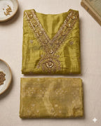 Olive Gold Suit with Embroided Neckline and Pure Silk Tissue Dupatta