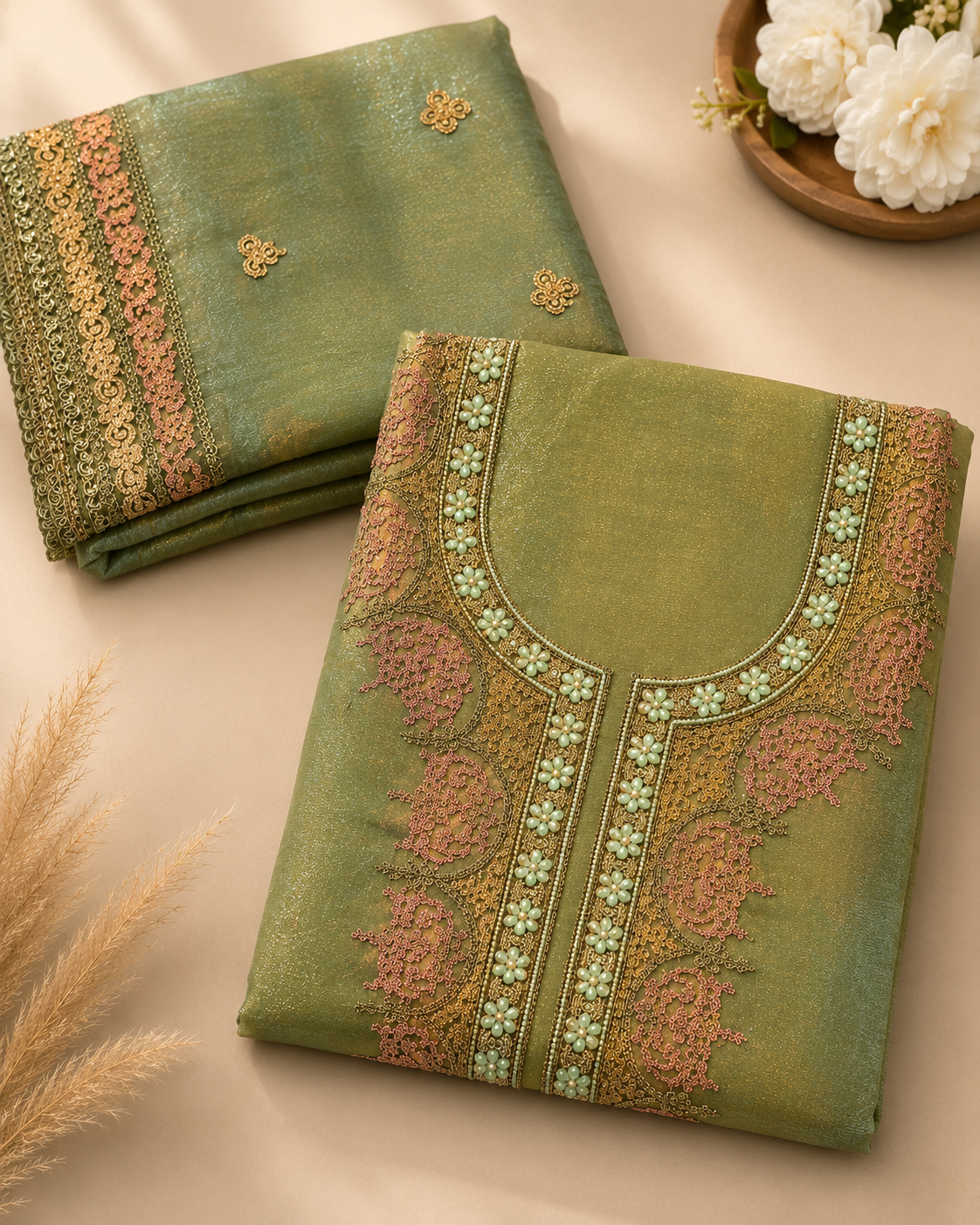 Sage Green Suit with  pure Tissue Silk dupatta