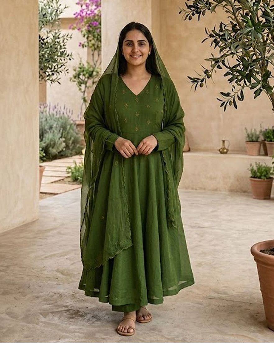 Green Mul Chanderi Hand worked Party Wear Set AYLN0018