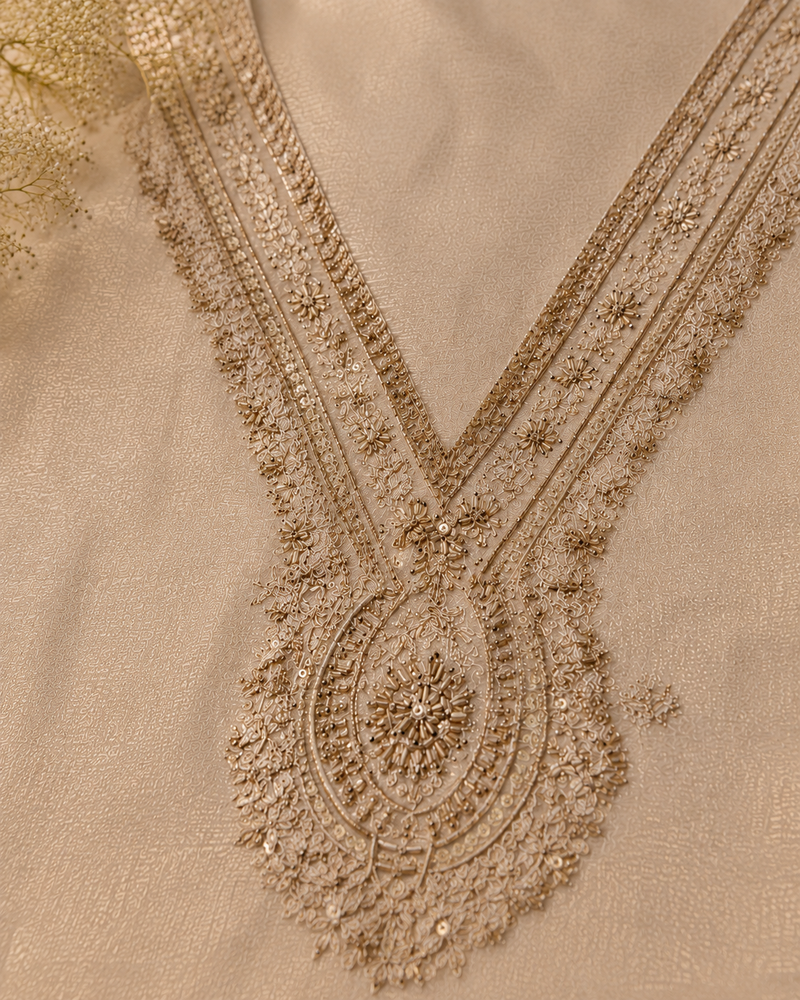 Ivory Beige Suit with Embrioiderd Neckline and Pure Silk Tissue Dupatta