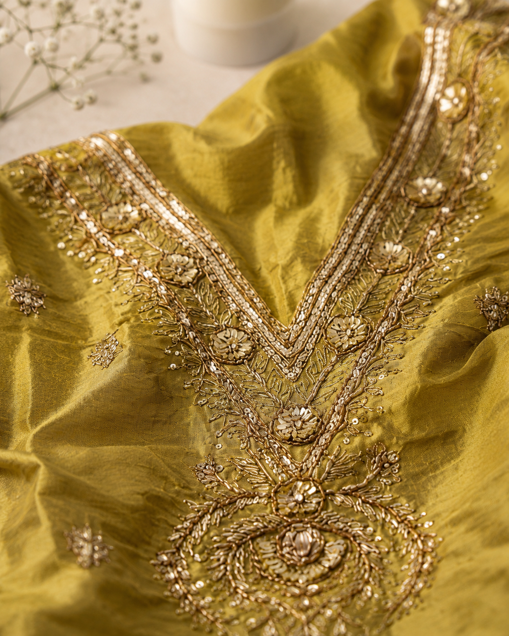 Olive Gold Suit with Embroided Neckline and Pure Silk Tissue Dupatta