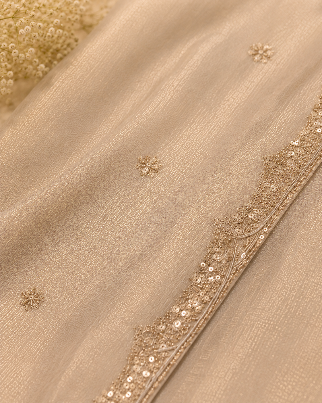 Ivory Beige Suit with Embrioiderd Neckline and Pure Silk Tissue Dupatta