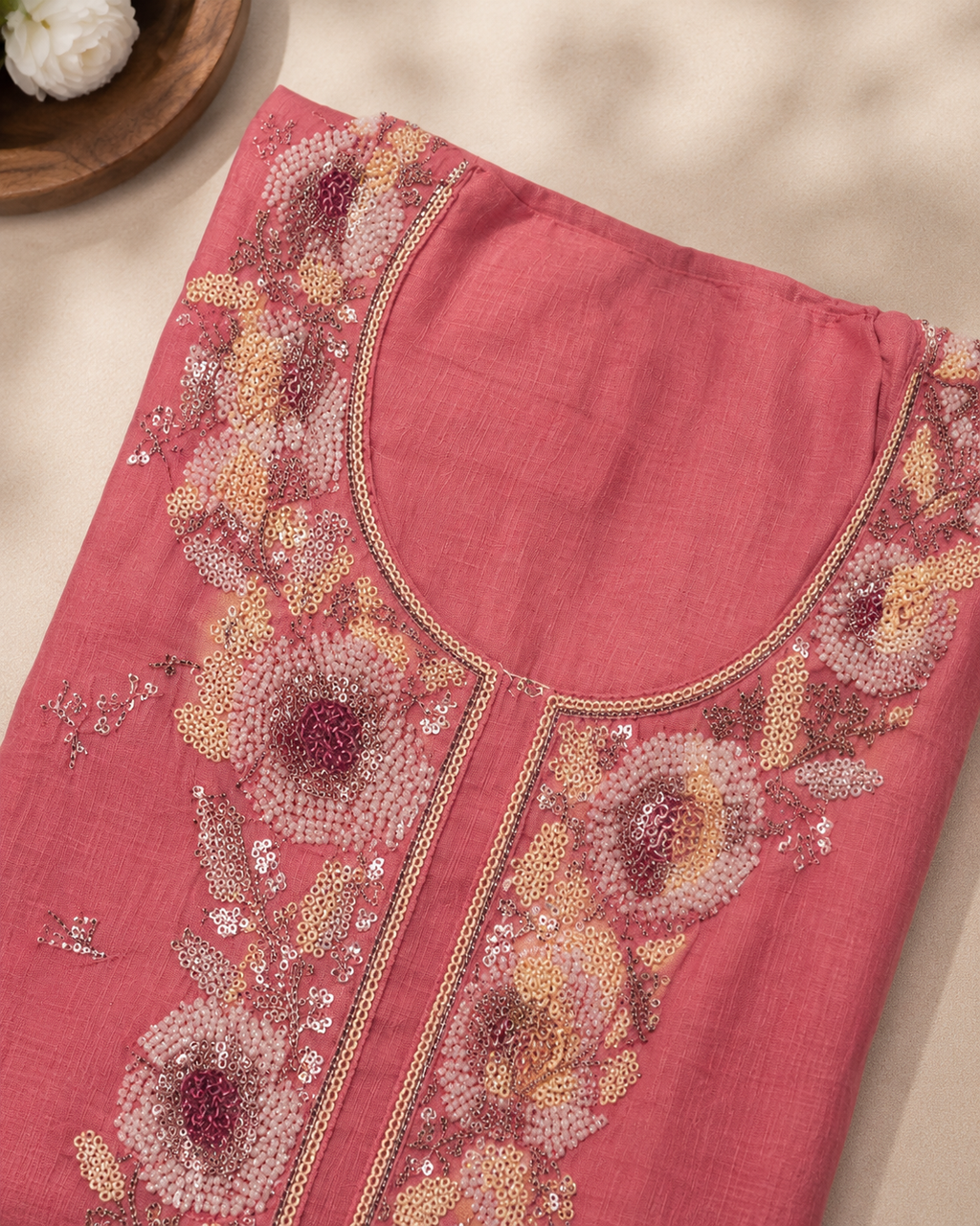 Soft Coral Pink Mul Chanderi Suit with embroided Neckline and Organza dupatta