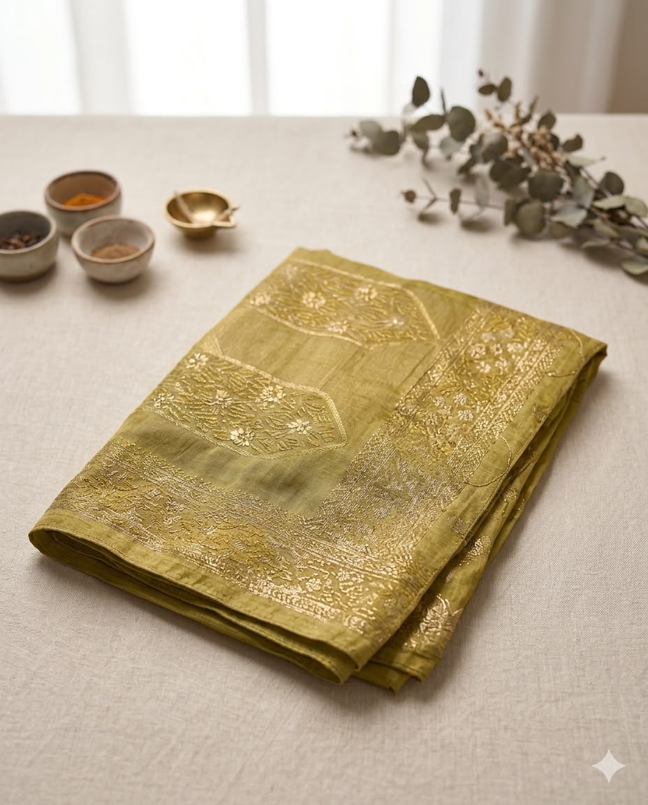 Olive Gold Suit with Embroided Neckline and Pure Silk Tissue Dupatta