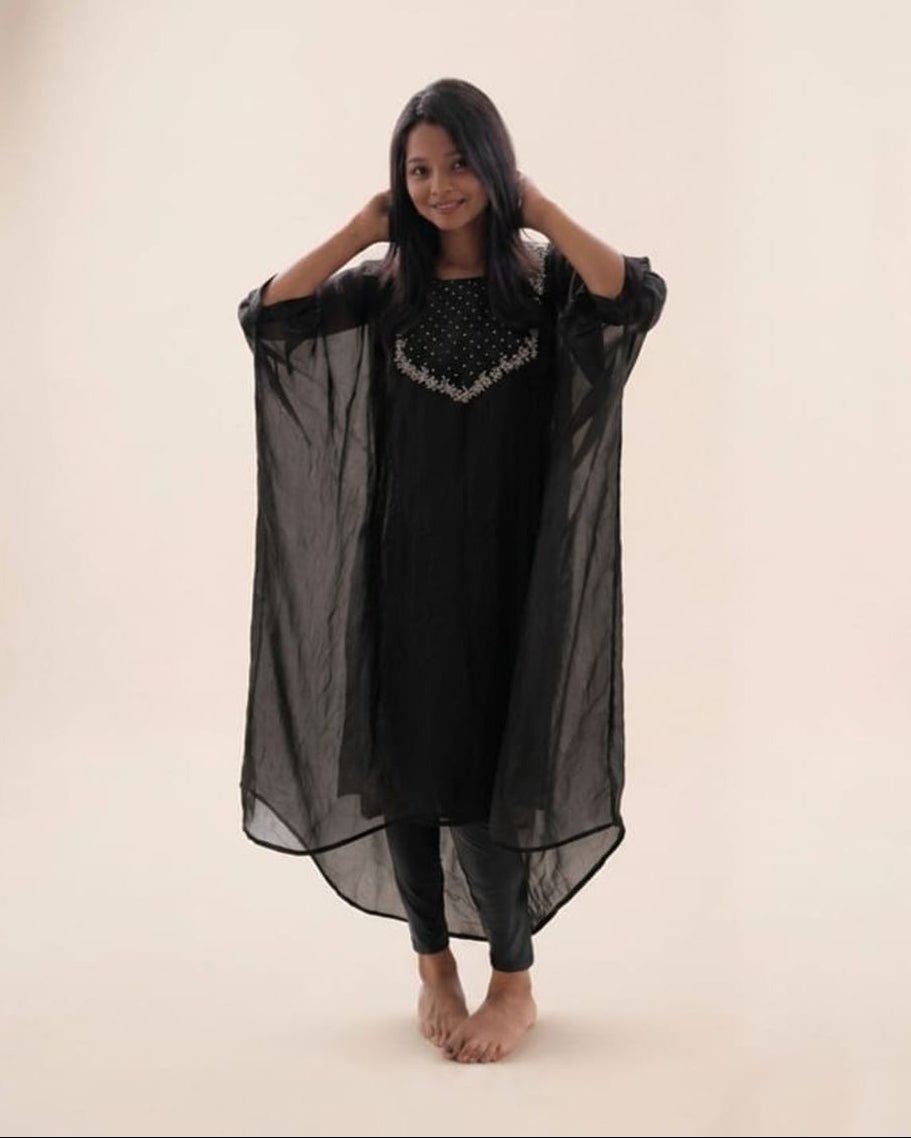 Black Velvet Organza Kaftan â Embroidered Neckline AYLN0029