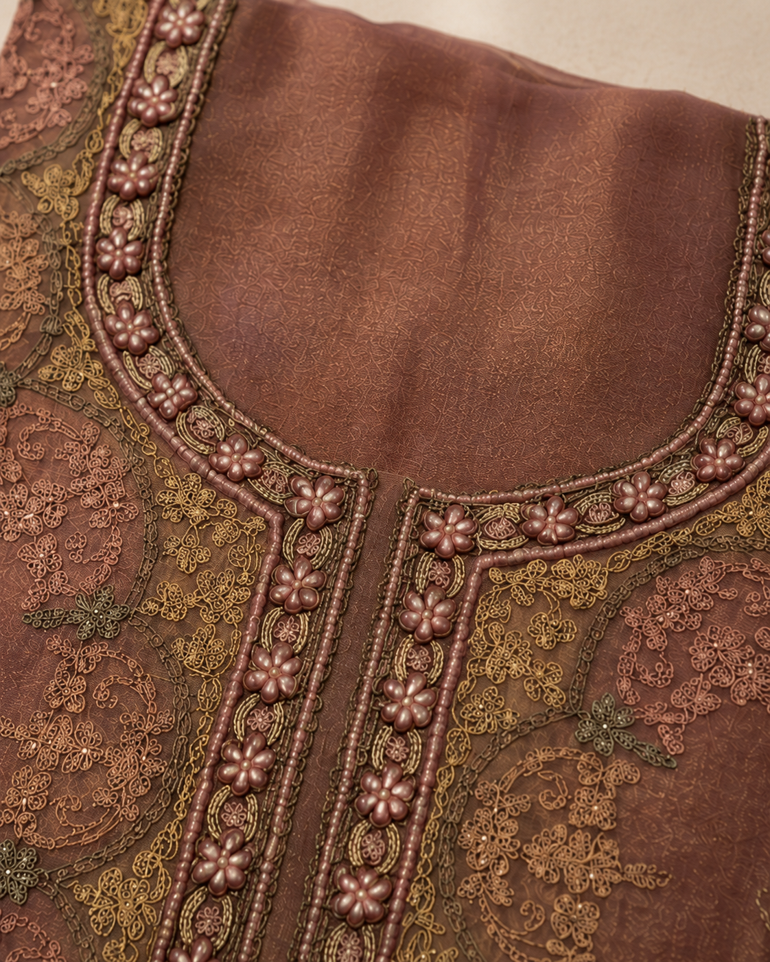 Mocha Mauve Suit with  pure Tissue Silk dupatta