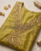 Olive Gold Suit with Embroided Neckline and Pure Silk Tissue Dupatta