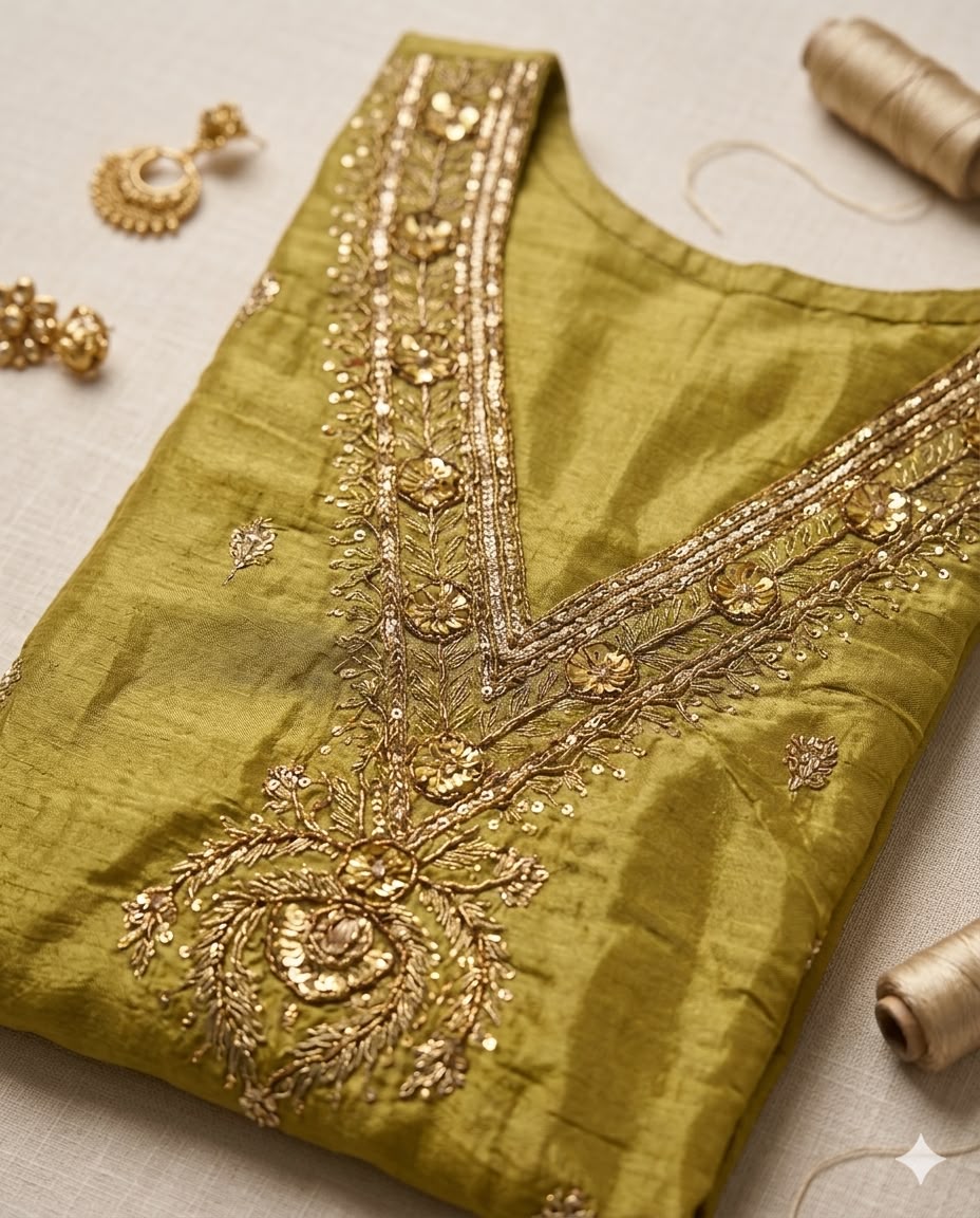 Olive Gold Suit with Embroided Neckline and Pure Silk Tissue Dupatta